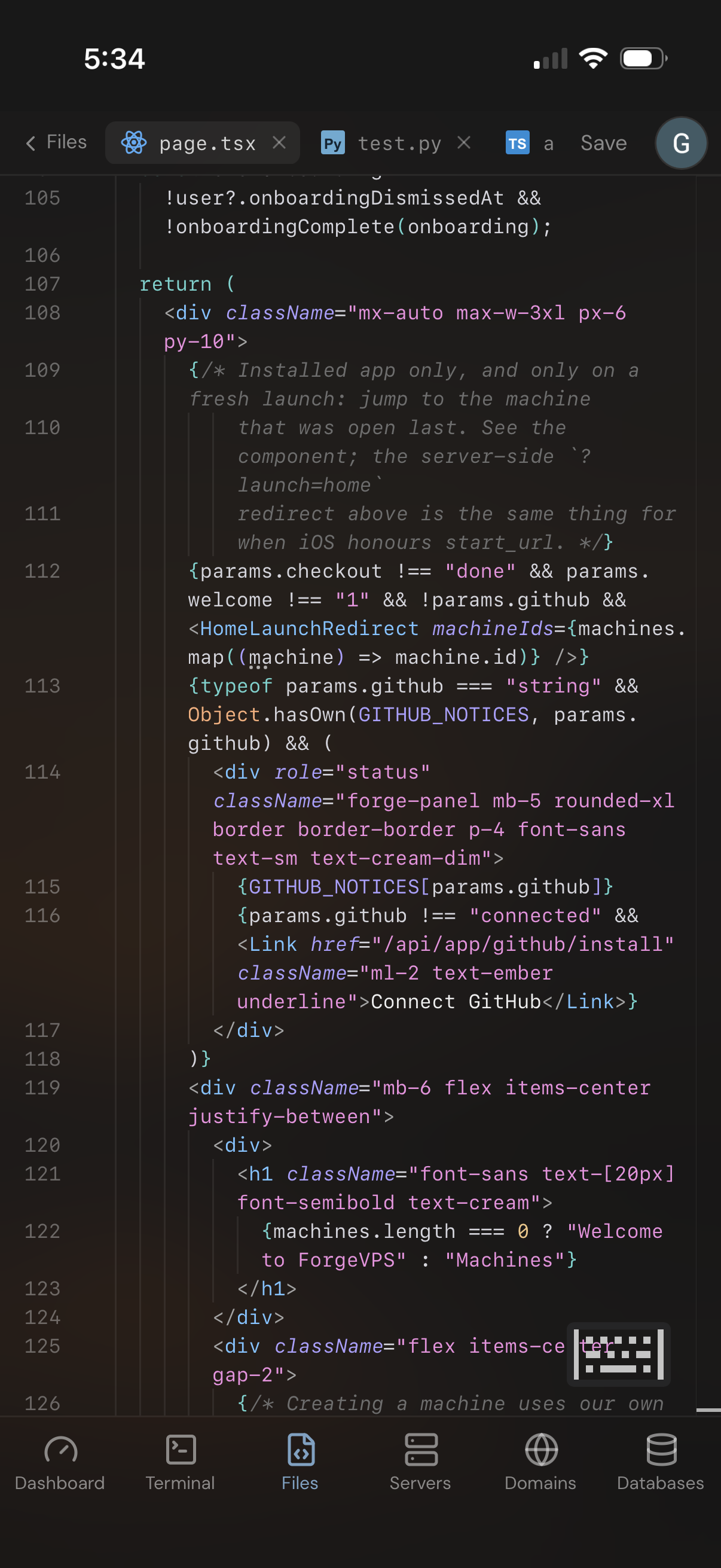 ForgeVPS running on iPhone, with code editor tabs and the workspace navigation